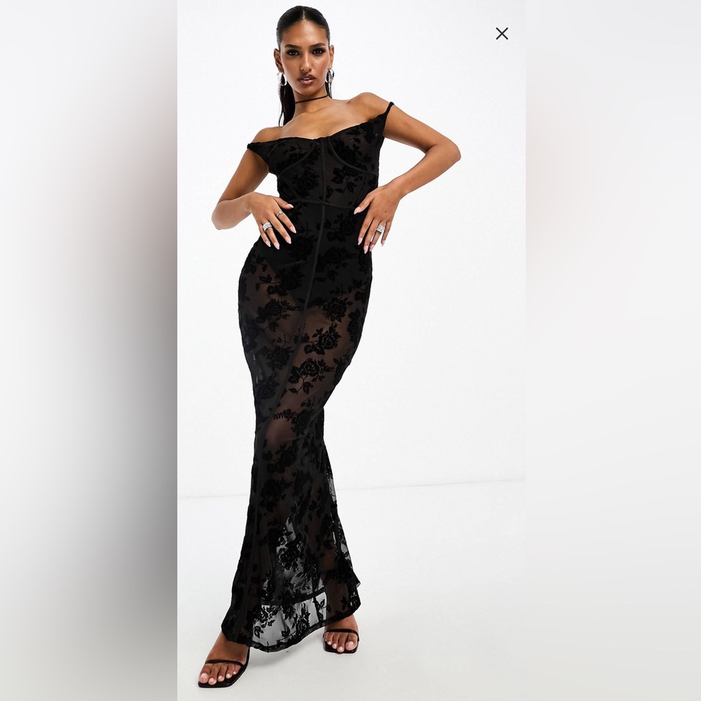 NWOT ASOS DESIGN off shoulder corset Bardot midi dress sheer lace goth vampire